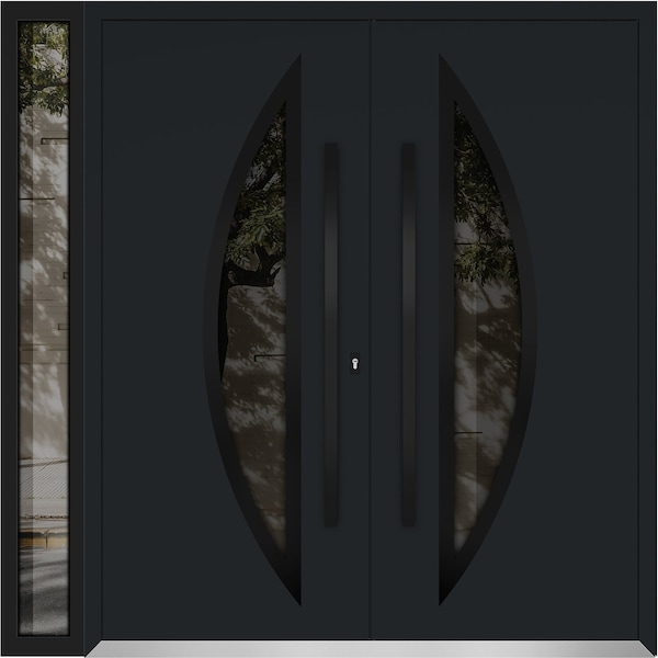 Vdomdoors Metal Double Doors Deux 6501 Black Enamel Opaque Black Glass 1 Sidelight Entry Modern Painted 84x80 DEUX6501DEXD-BLK-W72+12xH80-RH-O - main