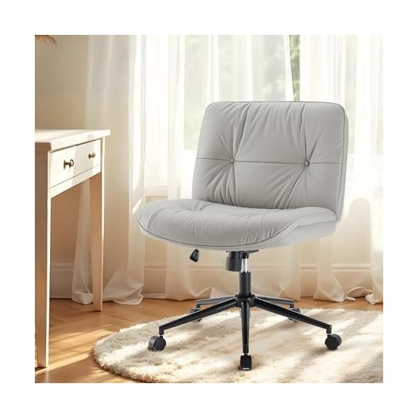 Simple Deluxe Criss Cross Legged Chair with Wheels, Armless PU Leather Office Desk Chair Wide Seat, Swivel Rollin 3A88FNCHAR7295GRY - main