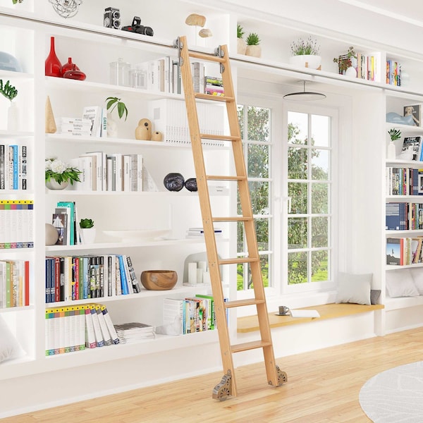 Quiet Glide 8.06 ft. Red Oak Sunburst Wheel Polished Chrome Rolling Hook Removable Ladder, 12 ft. Rail QG.510-8RO-12-H.04 - main