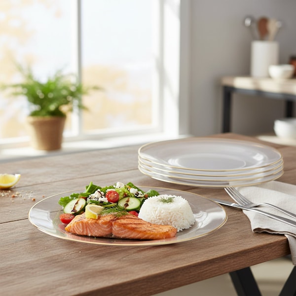 Smarty Had A Party 7.5" Clear with Gold Rim Organic Round Plastic Appetizer/Salad Plates, 120PK 937CLG-CASE - main
