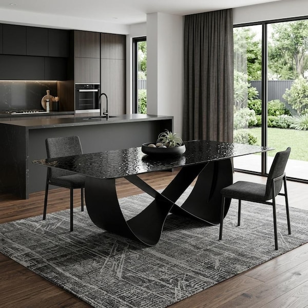 Homeroots 94" Black Glass and Brass Pedestal Base Dining Table 718892 - main