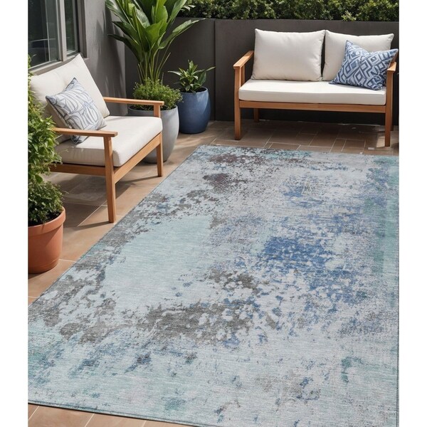 Homeroots 5' X 8' Turquoise Denim Blue And Gray Abstract Washable Indoor Outdoor Area Rug 630814 - main