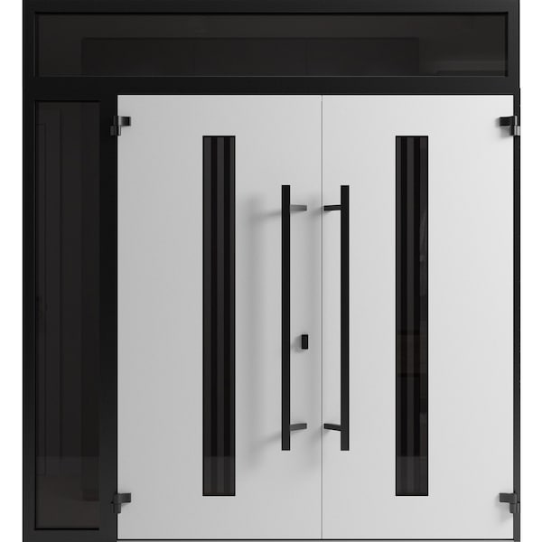 Vdomdoors Front Exterior Prehung Aluminum Double Doors Ronex1055 Teak Top Transom Mirrored Clear Glass Entry RONEX1055DEXD-OAK-W72+14xH96+12-RH-I - main