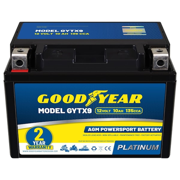 Goodyear GYTX9 - 12 Volt 10 AH, 135 CCA, Rechargeable High-Performance, SLA - AGM Battery GY4140759 - main