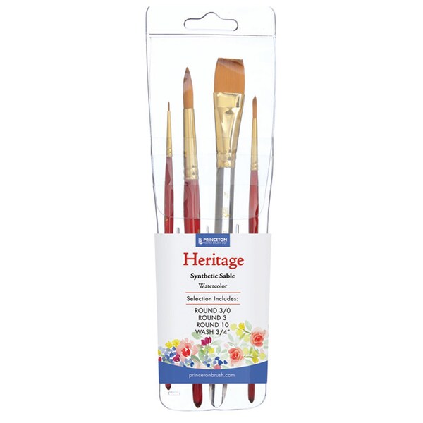 Princeton Heritage Brush Set, Synthetic Bristles, Short Handle Watercolor Paintbrush, Scarlet, 4-Piece Set P4050SET200 - main