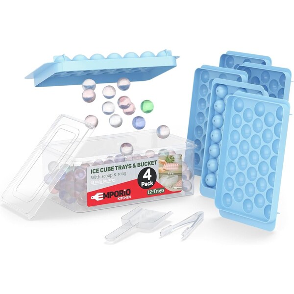 Emporio Kitchen Round Ice Cube Tray Set Pack of 4, BPA-Free, 33 Ice Balls per Tray, Lid & Tongs, Blue EMPICET77.6 - main