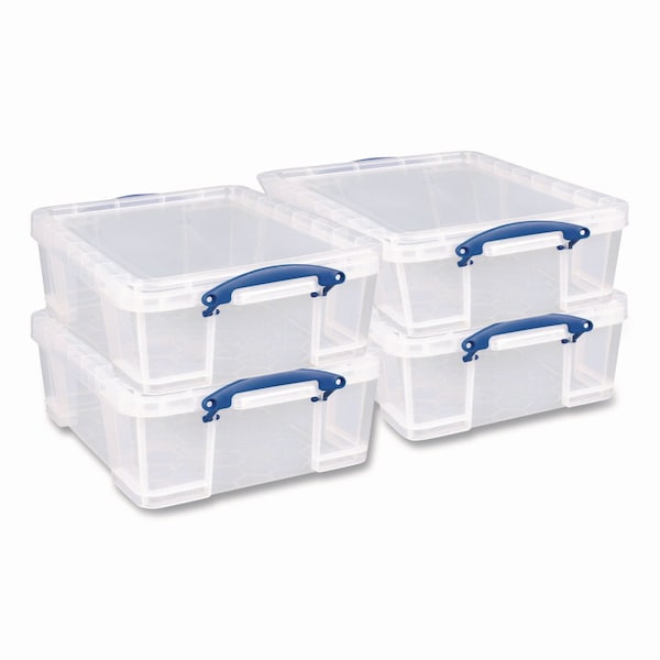 Really Useful Box Snap-Lid Storage Bin, 4.49 gal, 11in x 18in x 4in, Clear/Blue, 4PK 17C-PK4CB - main