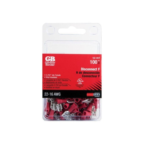 Gb Disconnect Terminal, 600 V, 22 to 16 AWG Wire, 1/4 in Stud, Vinyl Insulation, Red0, 100PK 10-141F - main