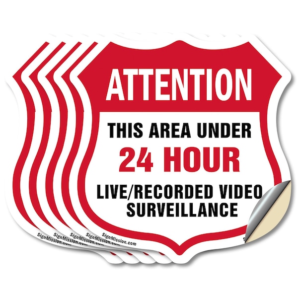 Signmission 24 Hour Surveillance Shield Sign Attenti, 4 inch X 4 inch, Vinyl Decal, 5PK SHI-D-5PACK-4-351 - main