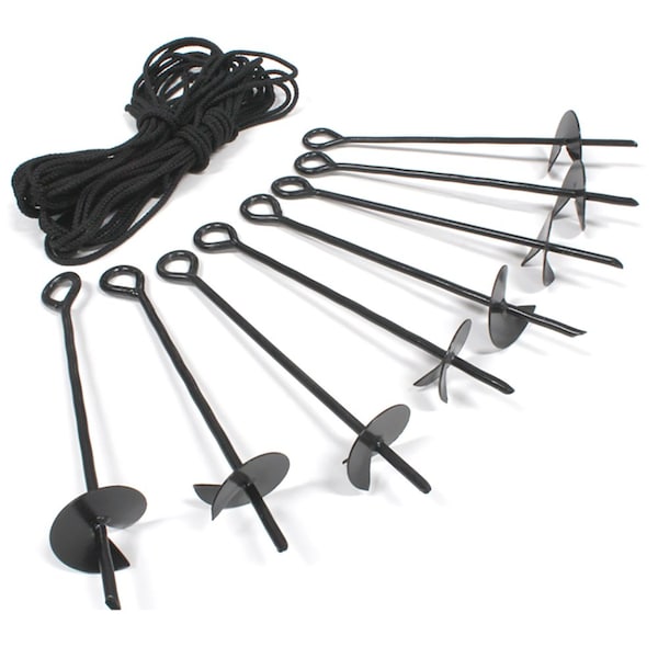 King Canopy 8-Piece Ground Anchor Kit, 15in Steel Powder Coated, Auger Style w/80 feet of Rope, Black A8200 - main