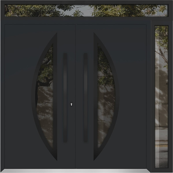 Vdomdoors Metal Double Doors Deux 6501 Black Enamel Opaque Black Glass 1 Sidelight and Top Transom Entry Mode DEUX6501DEXD-BLK-W72+14xH80+12-RH-O - main
