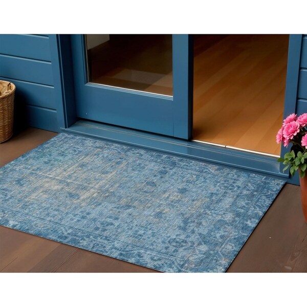 Homeroots 3' X 5' Blue Oriental Washable Indoor Outdoor Area Rug 607530 - main