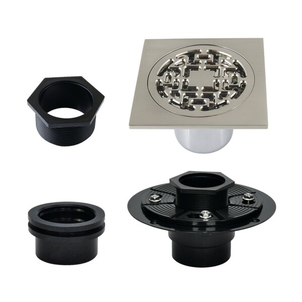 Kingston Brass 4" Brass Square Grid Shower Drain with Hair Strainer and Base Flange, Brushed Nickel BSFK4272BN - main