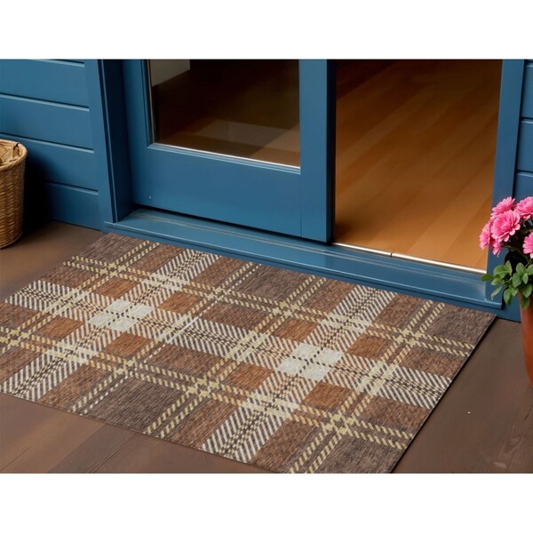 Homeroots 3' X 5' Chocolate Copper And Gold Plaid Washable Indoor Outdoor Area Rug 596321 - main