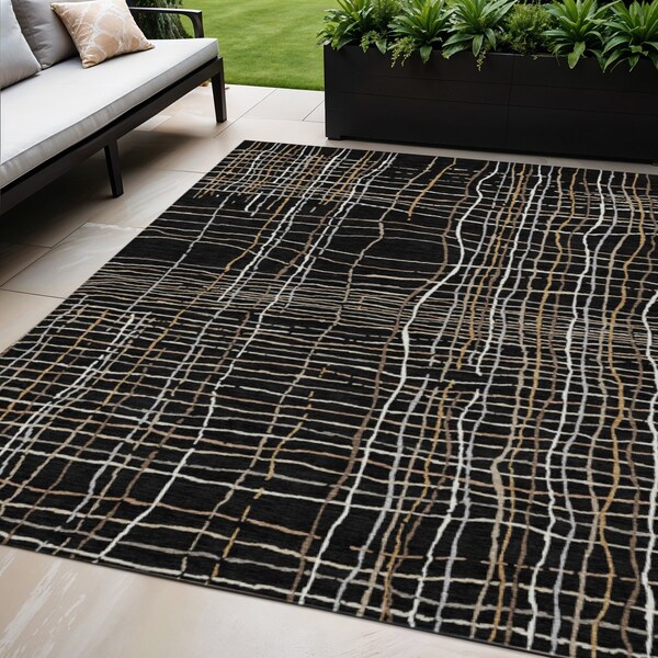 Homeroots 5' X 8' Black Ivory And Brown Striped Washable Indoor Outdoor Area Rug 597374 - main