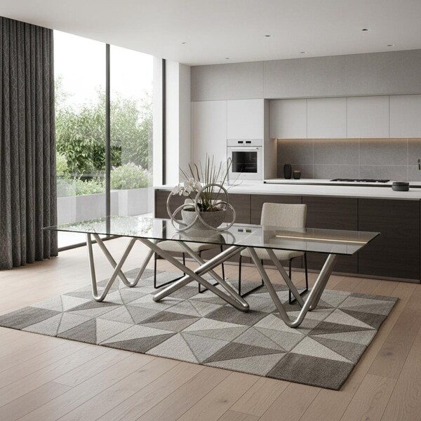 Homeroots 142" Clear and Nickel Glass and Stainless Steel Double Pedestal Base Dining Table 718899 - main