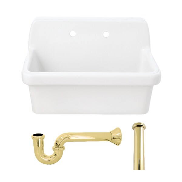 Kingston Brass 30" Ceramic Single Bowl Wall Mount Kitchen Sink with Strainer, White/Polished Brass KGPKWS3019182 - main