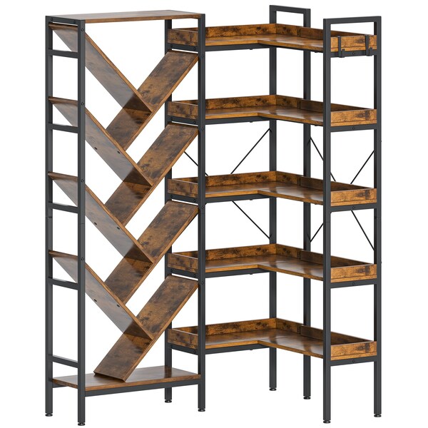 Homeroots 69" Brown And Black Wood And Metal Ten Tier Corner Bookcase 717461 - main