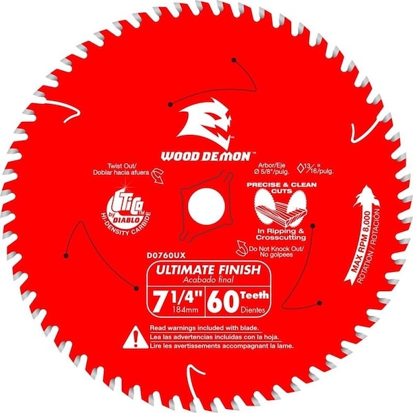 Diablo Saw Blade, 7-1/4 in Dia, 5/8 in Arbor, 60-Teeth, Carbide Cutting Edge, Applicable Materials: Wood D0760UXA - main