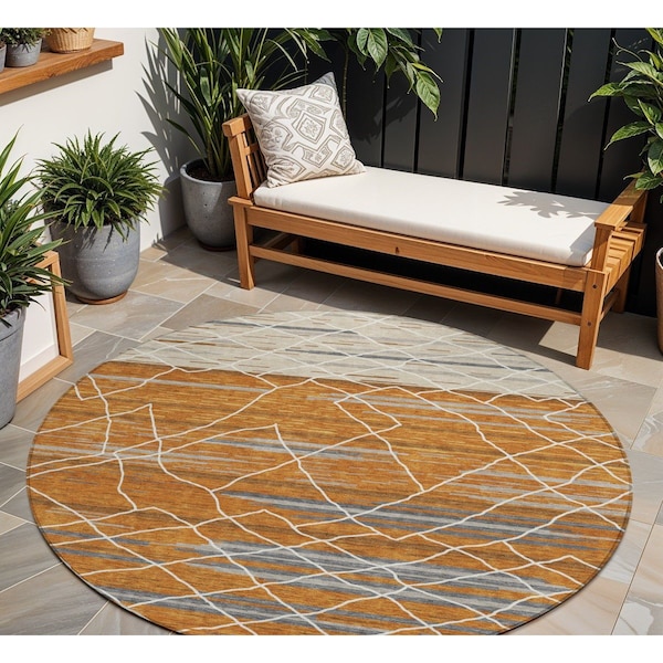 Homeroots 8' Terra Cotta Beige And Ivory Round Striped Washable Indoor Outdoor Area Rug 599384 - main