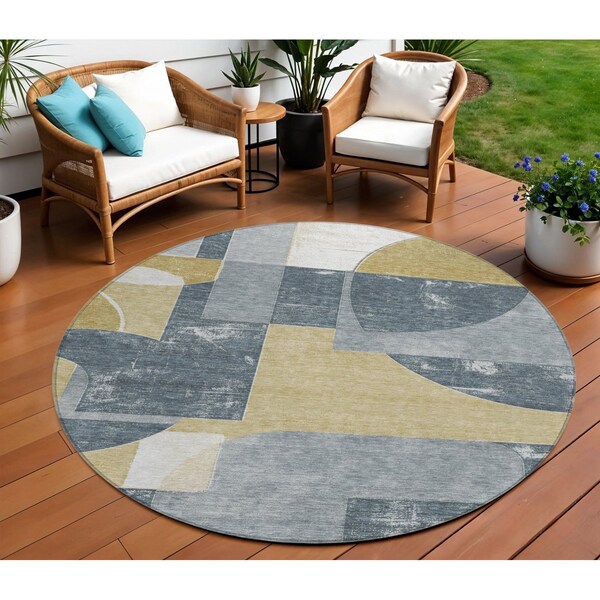 Homeroots 8' Gray And Gold Round Geometric Washable Indoor Outdoor Area Rug 617916 - main