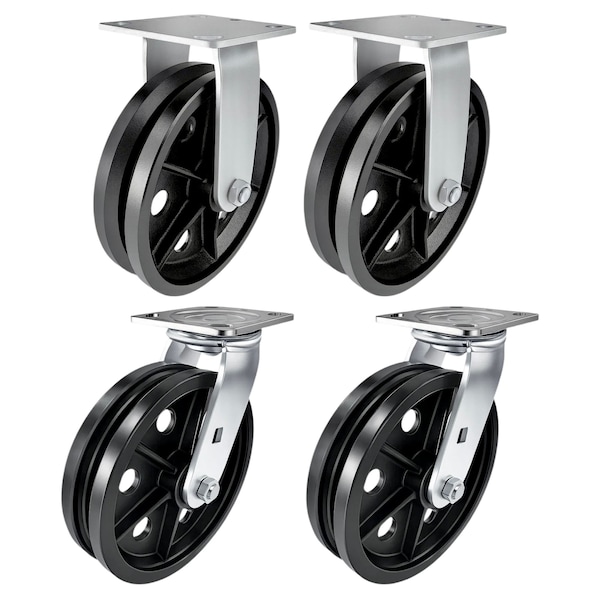 Hyw Products Heavy Duty Caster Set 8in V-Groove Wheels, 2 Rigid & 2 Swivel, 4PK 40-80R-A1-VG-2,40-80S-A1-VG-2 - main
