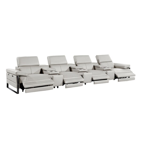 Homeroots 169" Light Gray Top Grain Leather Reclining Metal USB Sofa 720349 - main