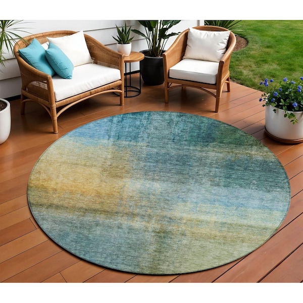 Homeroots 8' Blue Gold And Green Round Abstract Washable Indoor Outdoor Area Rug 603631 - main