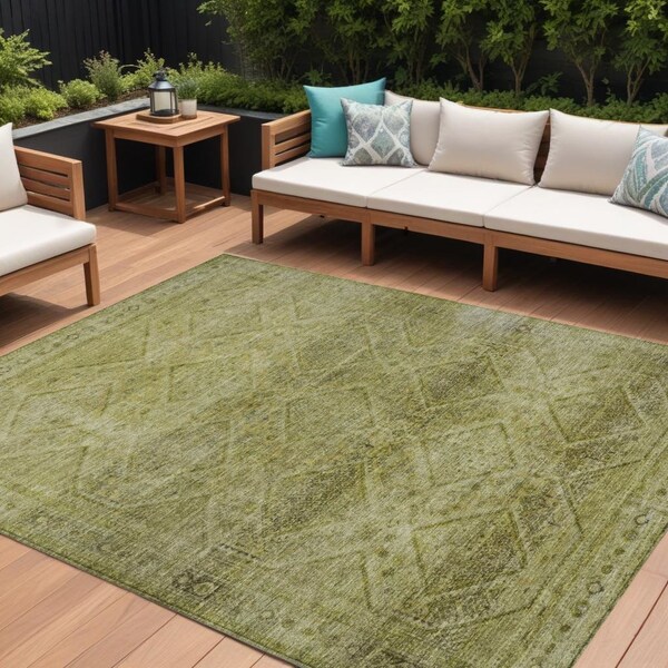 Homeroots 10' X 14' Artichoke Green And Ivory Geometric Washable Indoor Outdoor Area Rug 630488 - main