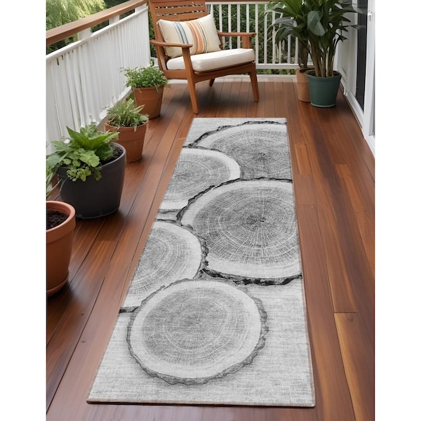Homeroots 8' Runner Gray and Black Faux Bois Washable Non Skid Indoor Outdoor Runner Rug 564411 - main