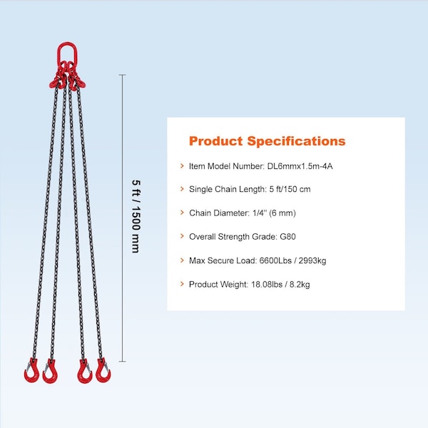 Vevor 5/16" x 10' Chain Sling 4 Legs G80 Lifting Chain with Grab Hooks 11000 lbs DL8mmx3m-4B - main