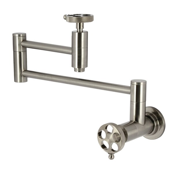 Kingston Brass Wall Mount Pot Filler Faucet with Knurled Handle, Brushed Nickel KS8108RKZ - main