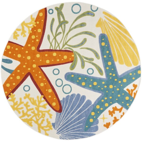 Homeroots 8' Blue Yellow And Orange Round Starfish Indoor Outdoor Area Rug 546828 - main