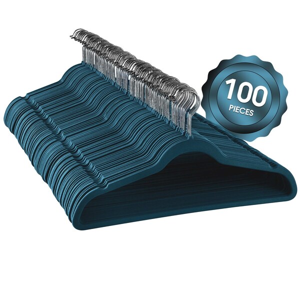 Elama Home 100 Piece Velvet Slim Heavy Duty Felt Hangers with Stainless Steel Swivel Hooks in Blue HANGER100PIECEBLUE - main