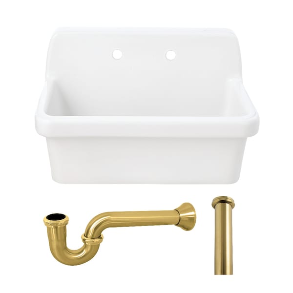 Kingston Brass 30" Ceramic Single Bowl Wall Mount Kitchen Sink with Strainer, White/Brushed Brass KGPKWS3019187 - main