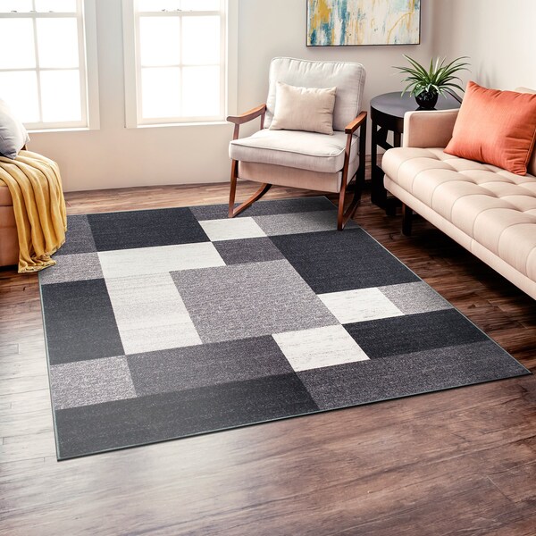 World Rug Gallery Contemporary Modern Geometric Boxes Design Non-Slip Area Rug 6 ft 6 in x 6 ft 6 in Square Gray 506GRAY6SQ - main