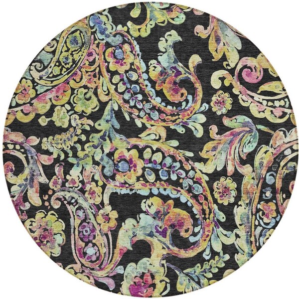 Homeroots 8' Black And Artichoke Green Round Paisley Washable Indoor Outdoor Area Rug 588596 - main