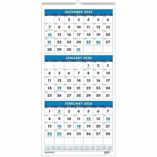 House Of Doolittle Recycled Three-Month Format Wall Calendar, Vertical, 8 x 17, 14-Month: Dec 2024 to Jan 2026 HOD3646 - main