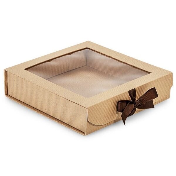 Nashville Wraps Kraft Pinstripe Folding Box with Window, Ribbon Closures, 8x8x2in, 18PK FBB8KR - main