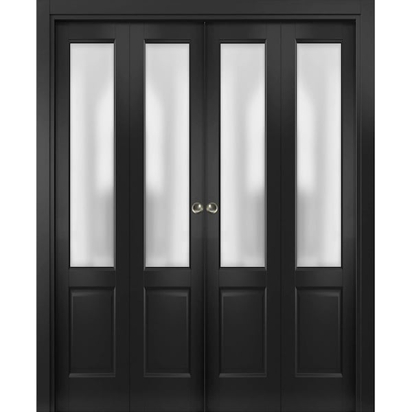 Sartodoors Sliding Closet Double Bi-fold Doors, Lucia 22 Matte Black with Frosted Glass, Sturdy Tracks Moldin LUCIA1422DBF-BLK-96 x 96 (4* 24x96) - main