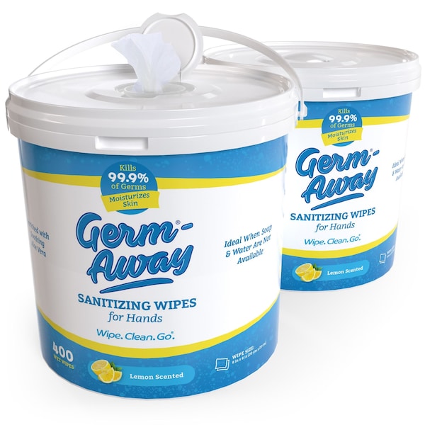 Germ-Away Sanitizing Hand Wipes 400ct Bucket Alcohol-free Antibacterial w/ Aloe, Plastic-free, 800 Wipes, 2PK GA71957BL-2 - main