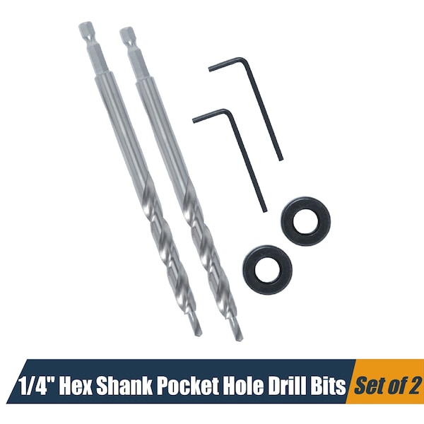 Powertec 1/4" Hex Shank Pocket Hole Drill Bit, Replacement Twist Step Drill Bit with Depth Stop Collar, 2PK 71933-P2 - main
