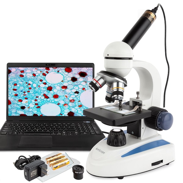 Amscope M158 Student Cordless Monocular Compound Microscope 40X-1000X w/Top & Bottom Lights and 2MP USB Dig M158C-E2 - main