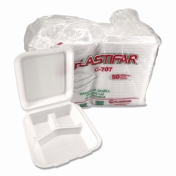 Plastifar Foam Hinged Lid Containers, 3-Compartment, 7.56 x 8.25 x 2.38, White, Foam, 200PK 12109 - main