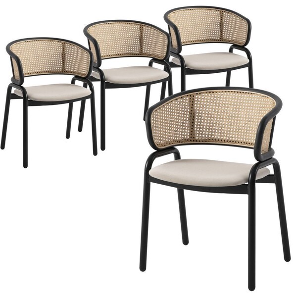 Leisuremod Ervilla Dining Chair with Stainless Steel Legs Velvet Seat and Wicker Back, Beige, 4PK EC20BG4 - main