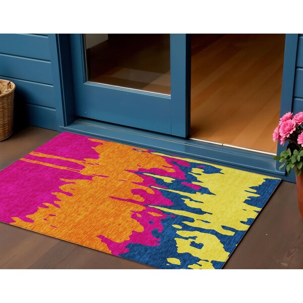 Homeroots 3' X 5' Pink Orange And Blue Abstract Washable Indoor Outdoor Area Rug 613638 - main