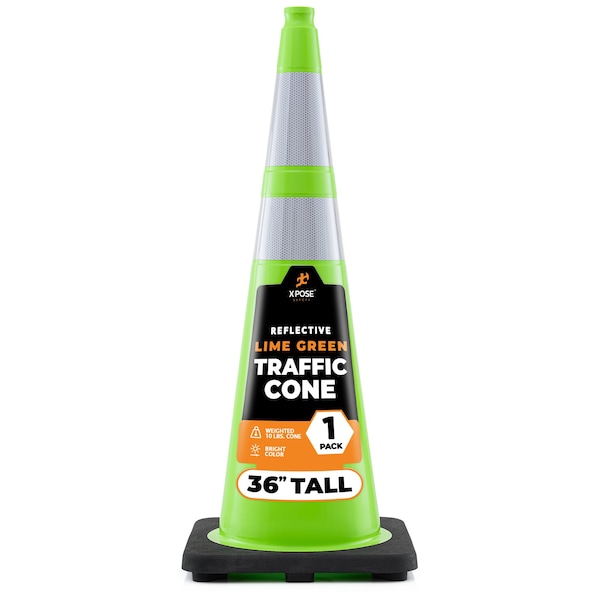 Xpose Safety Traffic Safety Cone, 36 in, Premium PVC, Dual 6 in & 4 in Reflective Collar, Lime Green, 1 pk LTC36-64-1-X - main
