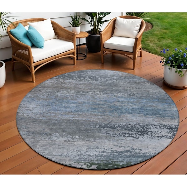 Homeroots 8' Pewter Navy Blue And Charcoal Round Abstract Washable Indoor Outdoor Area Rug 630845 - main