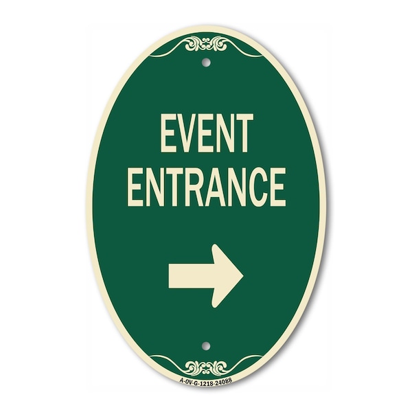Signmission Event Entrance With Right Arrow, 12 Inch X 18 Inch Architectural Oval, Heavy Gauge Aluminum A-OV-G-1218-24088 - main