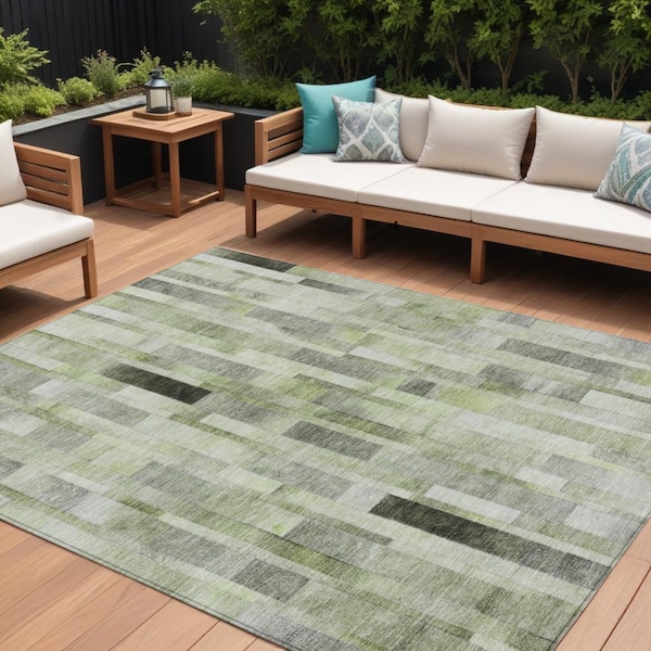 Homeroots 8' X 10' Green And Gray Striped Washable Indoor Outdoor Area Rug 615521 - main